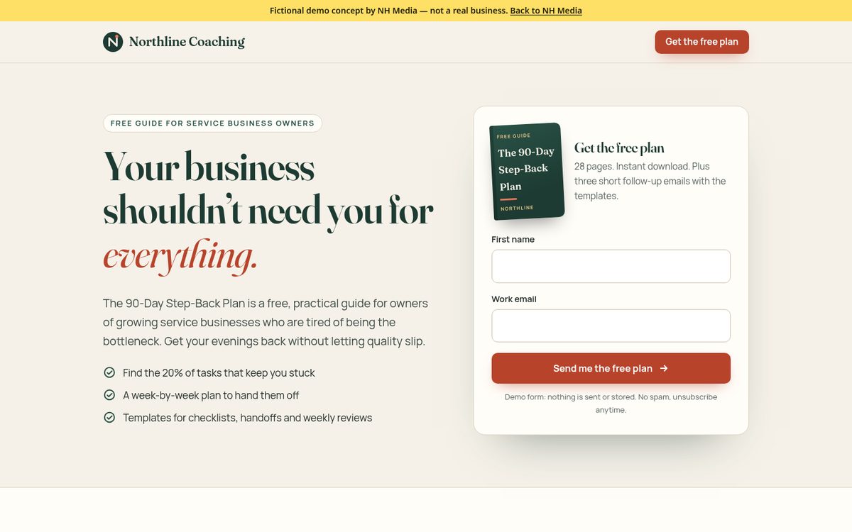 Landing page of a fictional business coach demo